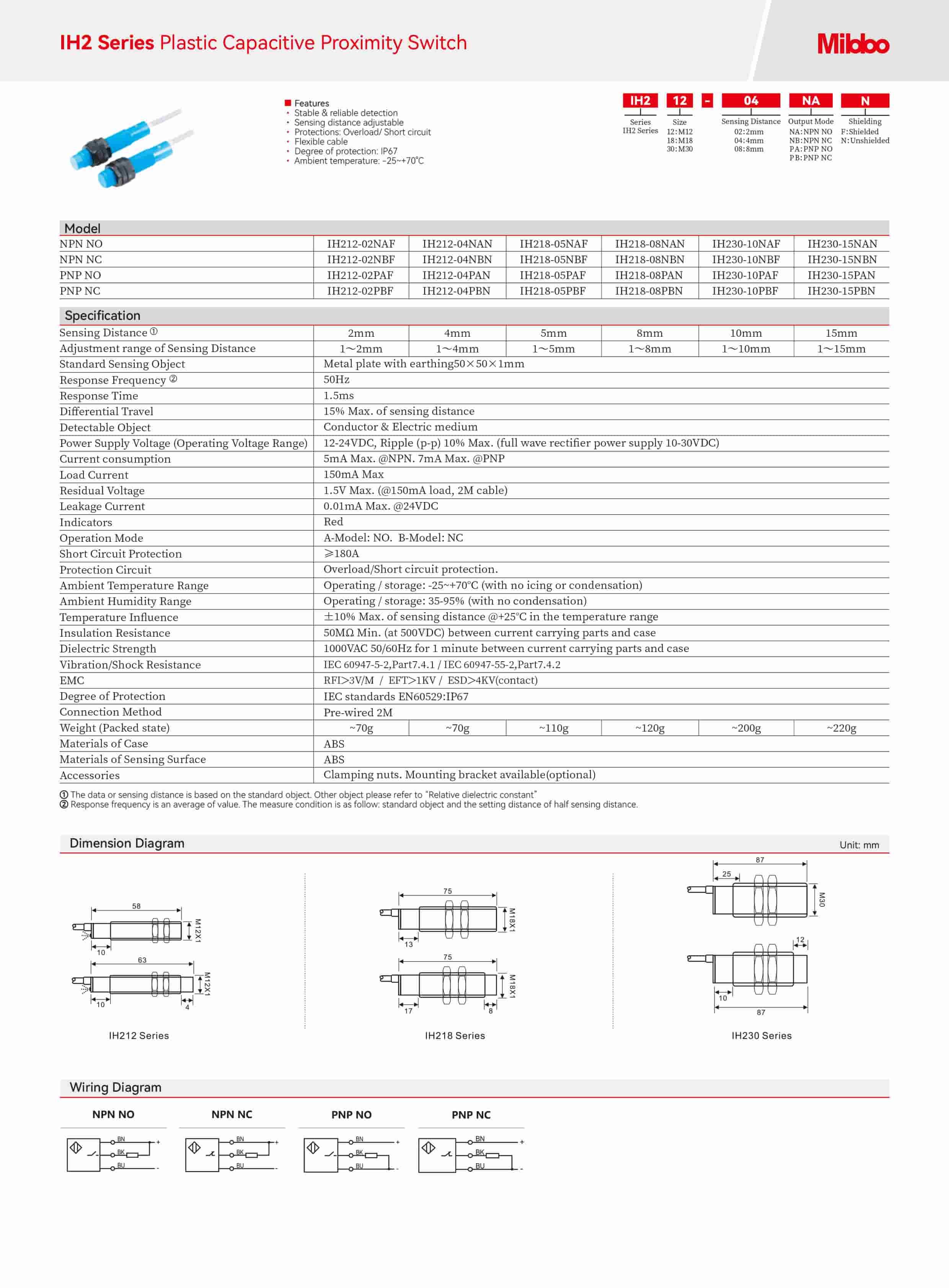 IH2 Series Plastic Capacitive Proximity Switch