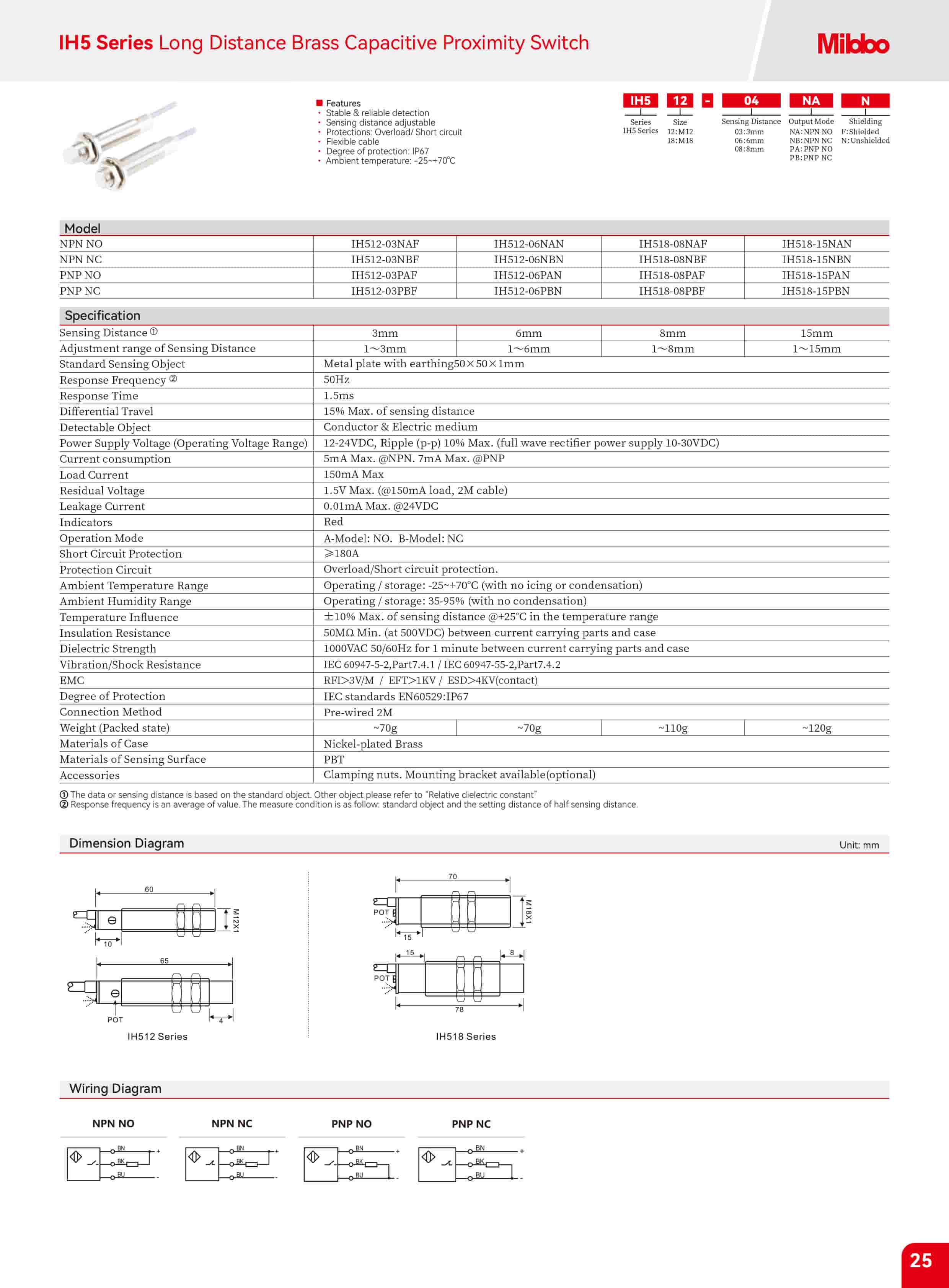 IH5 Series Long Distance Brass Capacitive Proximity Switch